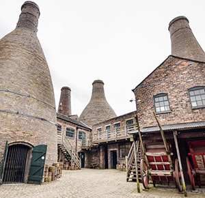 The iconic courtyard and bottle kilns of the Gladstone Pottery Museum, Staffordshire
